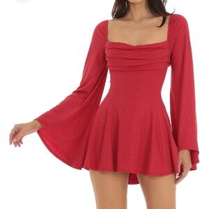 Lucy in the sky Shimmer Flare Sleeve Dress in Red, size medium.